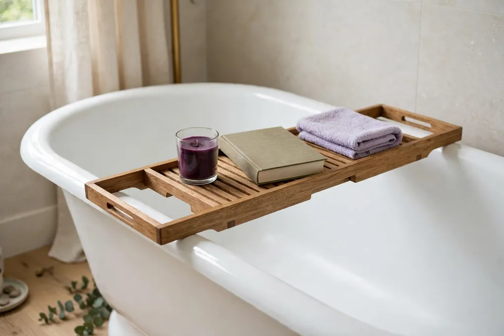 Bath tray across a tub with a plum candle, a book, and a washcloth.