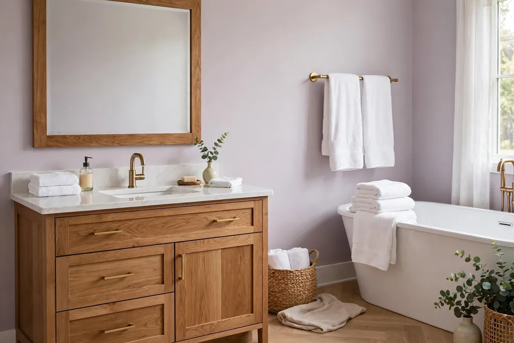 Warm wood vanity in a bathroom with soft lavender walls.