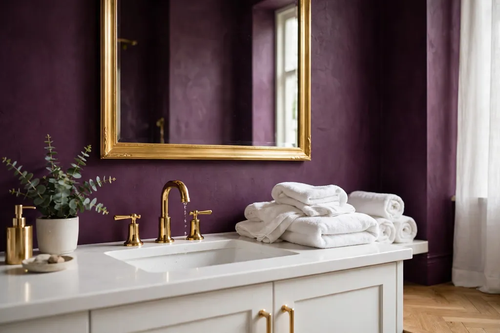 Deep plum bathroom walls with gold faucets and a gold framed mirror.