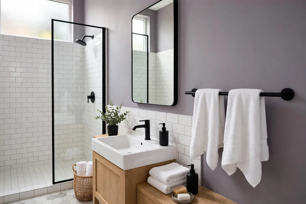 Bathroom with lilac grey walls and matte black fixtures.