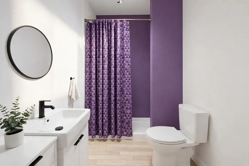 Small white bathroom with purple on one surface only, a shower curtain.