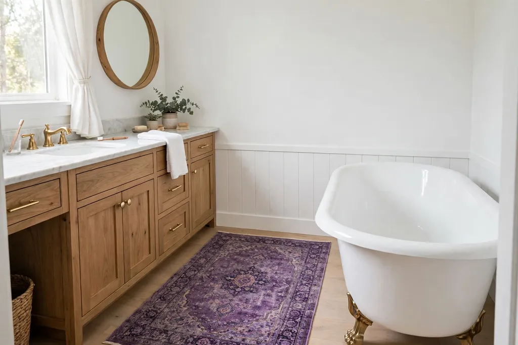 Vintage style purple patterned rug beside a bathroom tub.