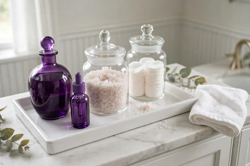 Vanity tray with purple glass bottles and apothecary jars.