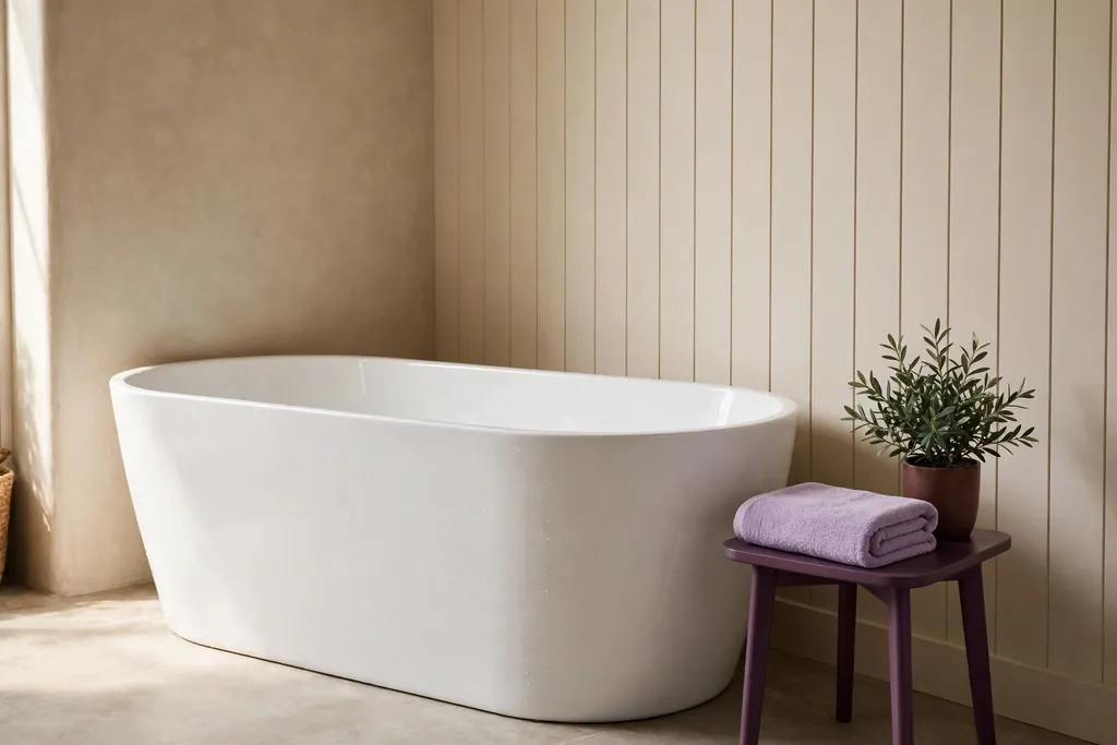 Freestanding tub corner with a plum side table, folded towel, and plant.