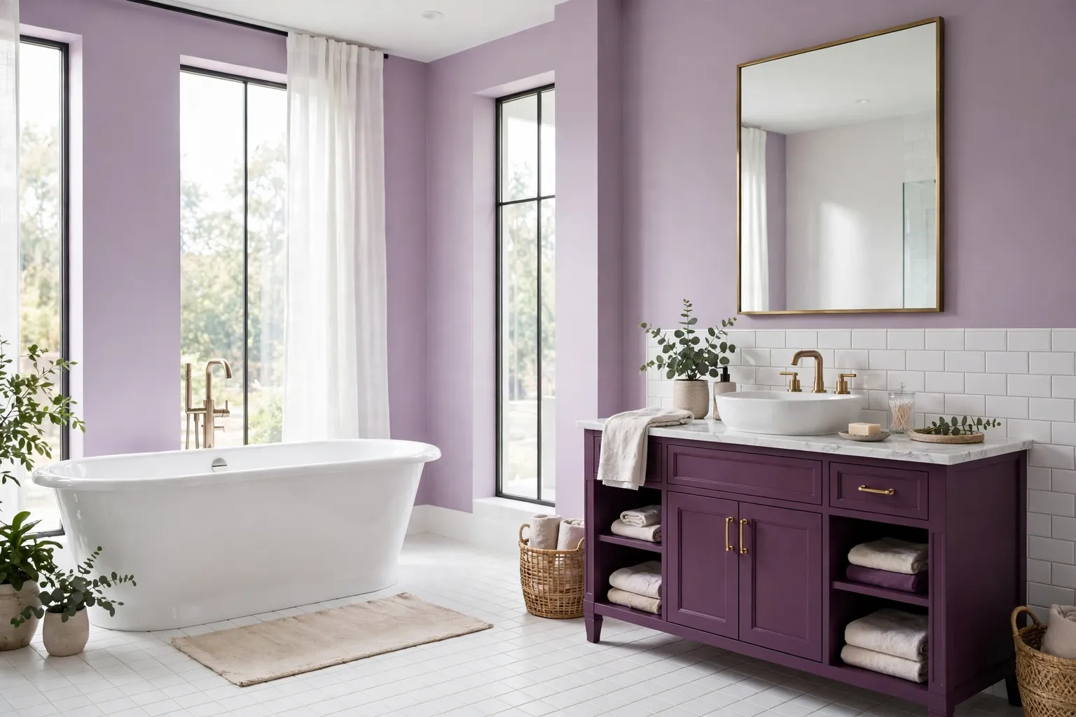 Wide bright bathroom with lilac walls, a white freestanding tub, a plum vanity, and soft daylight.