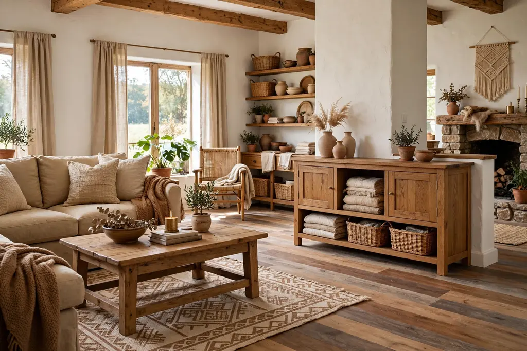 Rustic living room with warm white walls, a mid tone wood floor, and warm oak furniture.