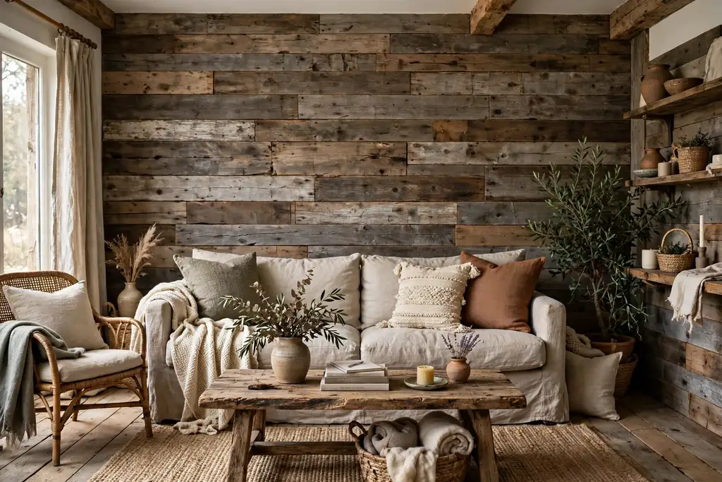 Rustic living room with a reclaimed wood plank wall behind a linen sofa.
