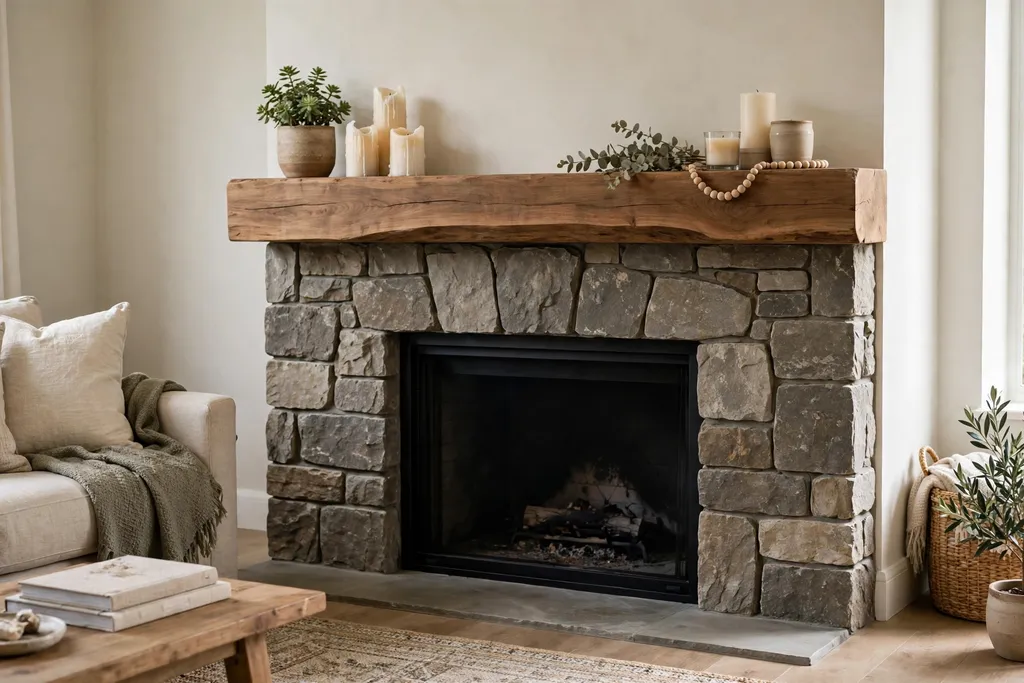 Living room stone fireplace with a thick wood mantel styled with candles and a small plant.