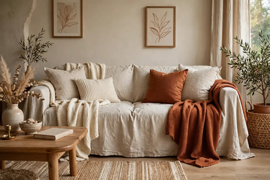 Living room sofa with a natural linen slipcover and wool throws in cream and rust.