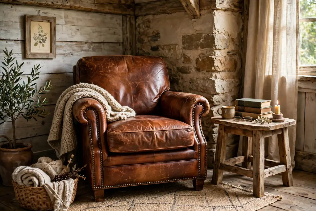 Rustic reading corner with a worn cognac leather chair and a small wood side table.