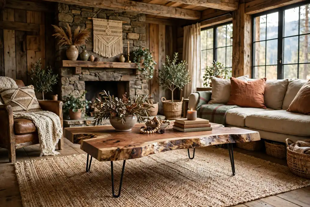 Rustic living room with a live edge wood slab coffee table on a woven rug.