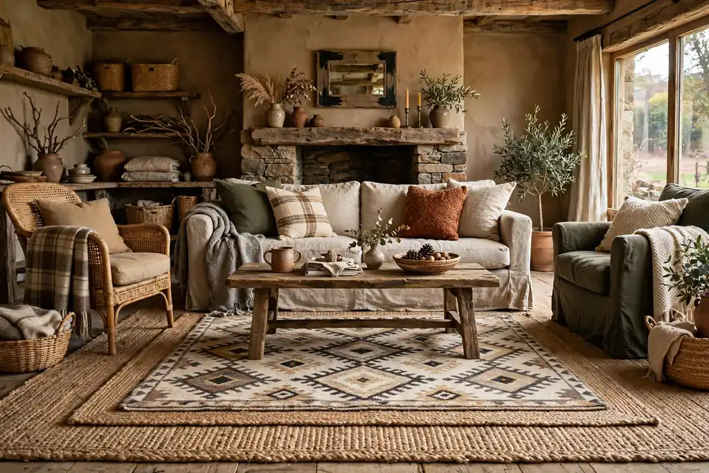 Rustic living room seating area with a wool rug layered over a large jute rug.