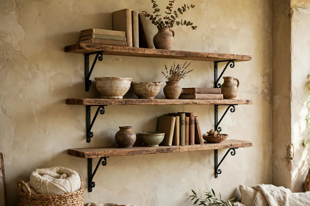 Rustic living room wall with wood plank shelves on black iron brackets holding books and pottery.