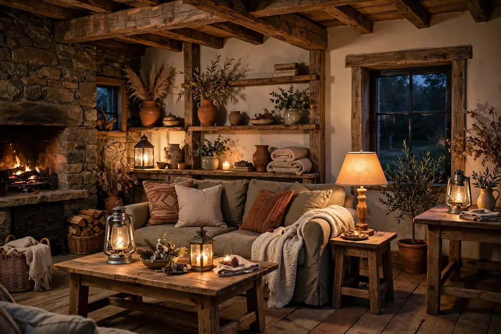 Rustic living room in the evening with lit lanterns and warm table lamps on wood tables.