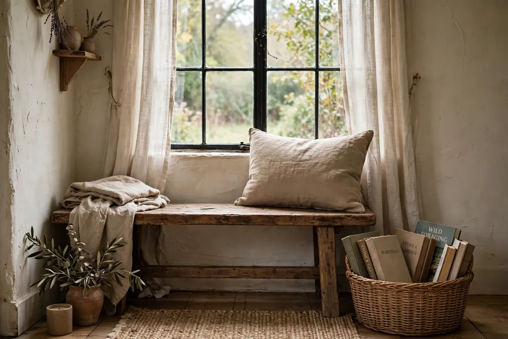 Rustic reading nook with a wood bench, linen cushion, and a basket of books by a window.