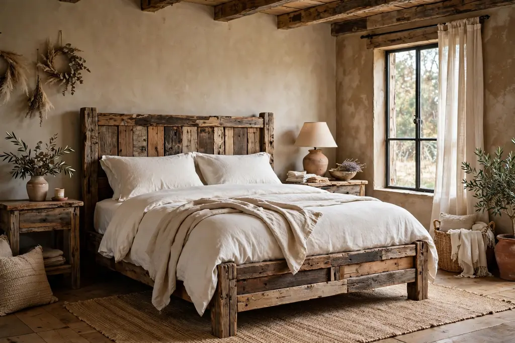 Rustic bedroom with a reclaimed wood bed frame and plain warm white linen bedding.