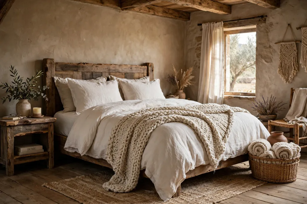Rustic bedroom bed with washed linen bedding in warm white and a chunky knit throw.