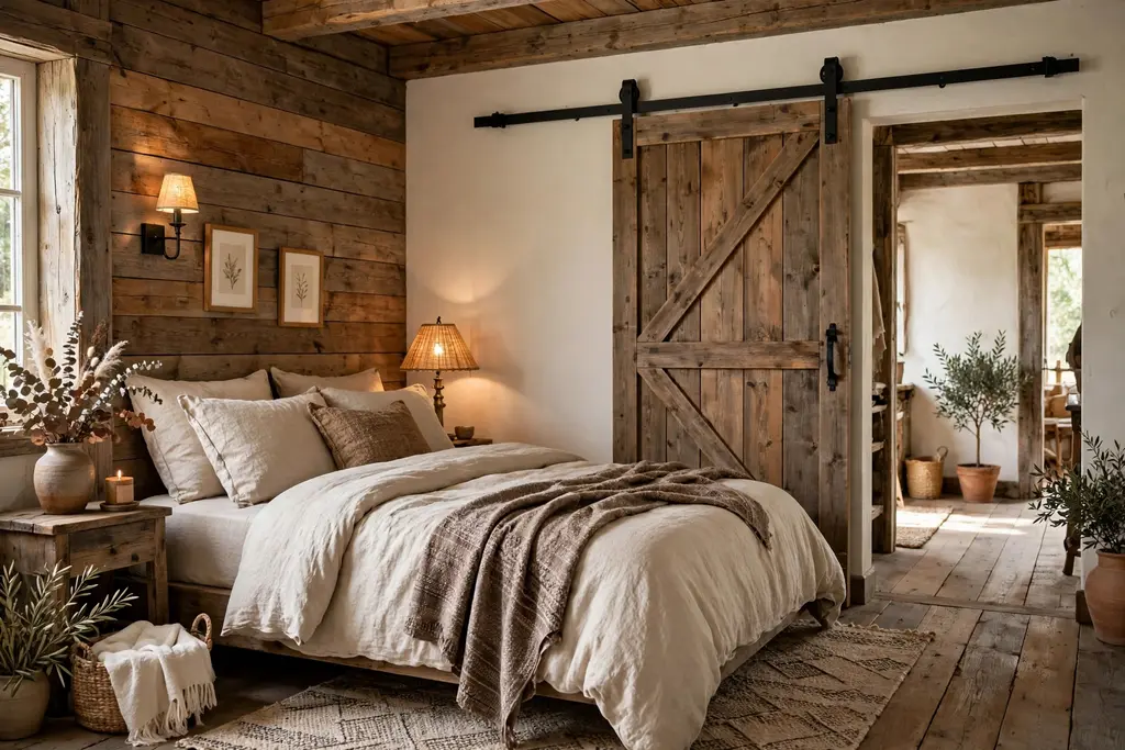 Rustic bedroom with a sliding wood barn door on a black iron rail beside the bed.