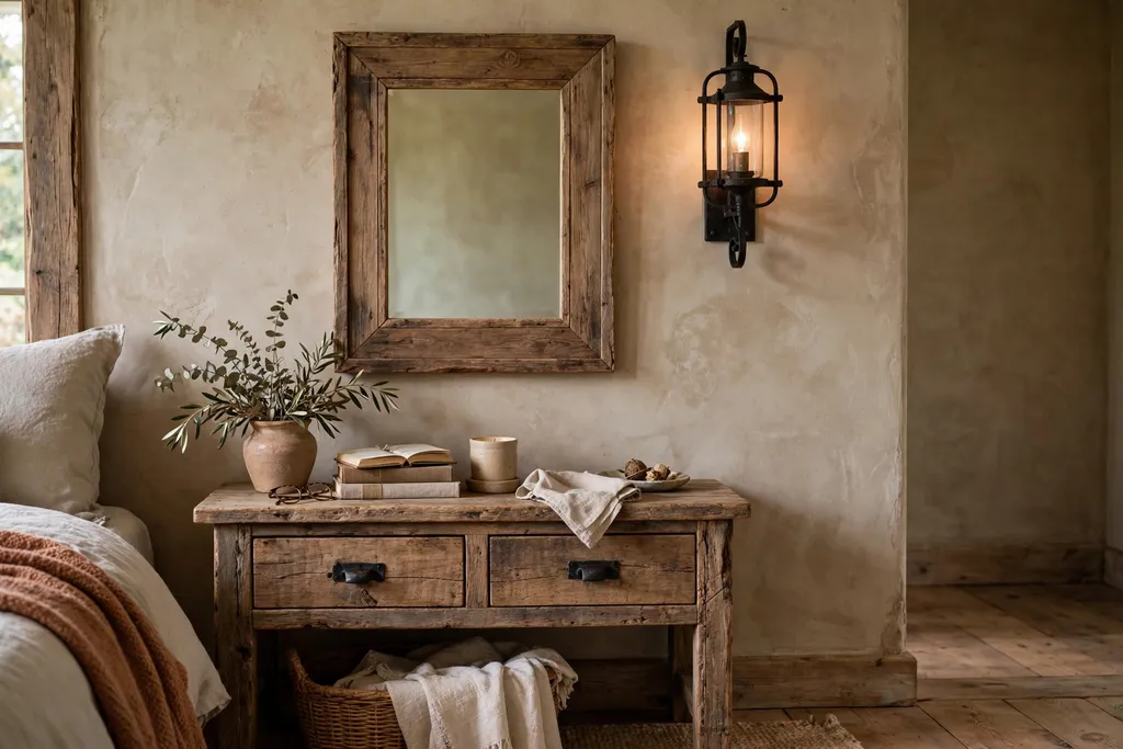 Rustic bedroom nightstand with a wood framed mirror above it and an iron wall sconce.