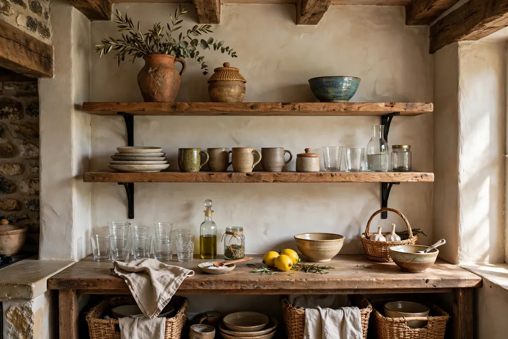 Rustic kitchen with open wood shelves holding handmade pottery, stoneware, and glassware.
