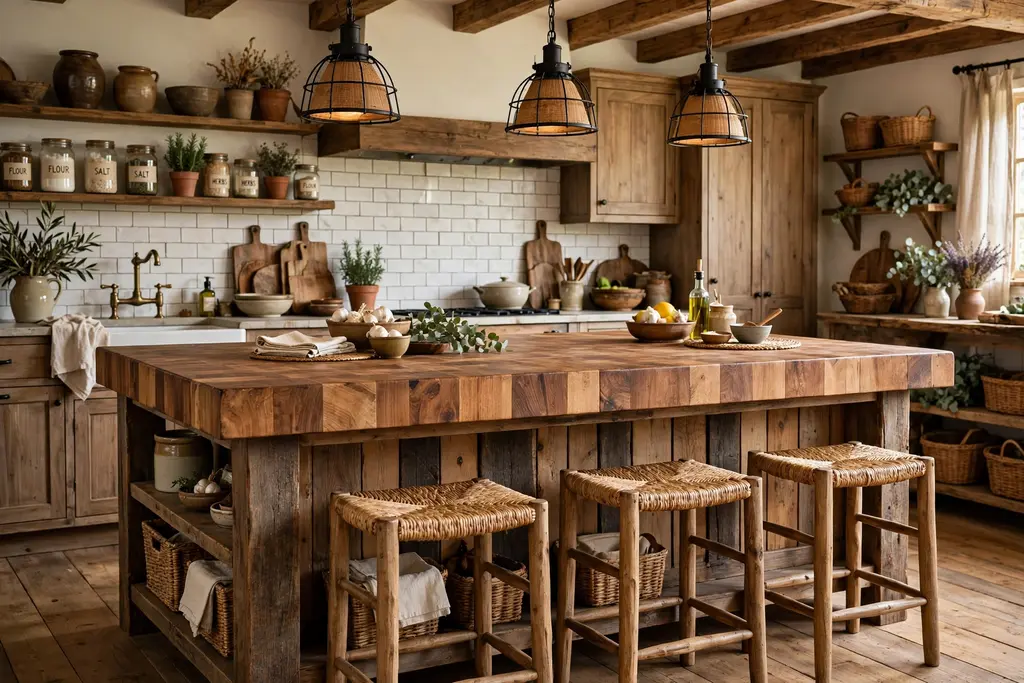 Rustic kitchen island with a thick butcher block wood top and woven seat stools.