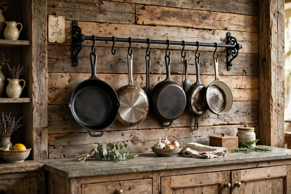 Rustic kitchen wall with a black cast iron pot rail holding hanging pans above a counter.