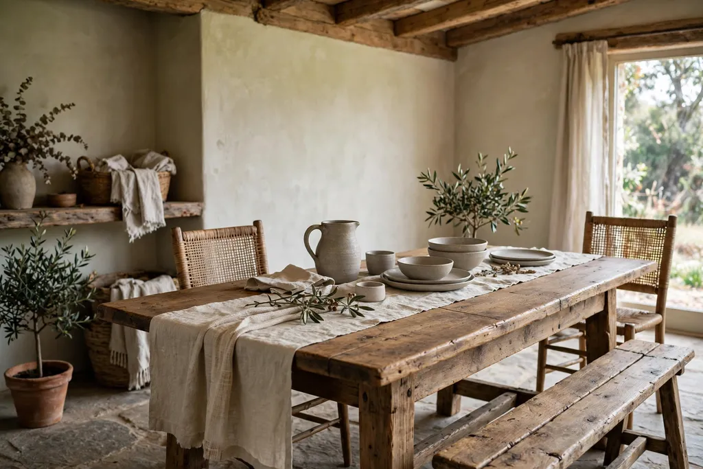 Rustic dining room with a wood bench, a linen runner, and plain stoneware on a wood table.