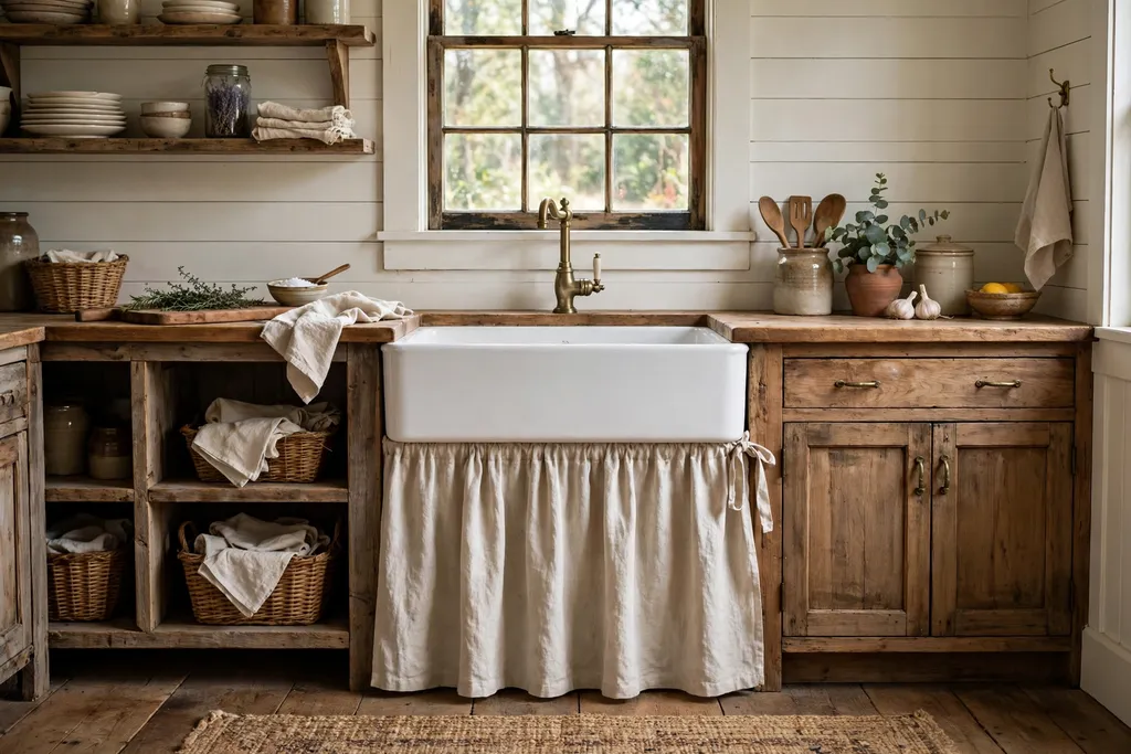 Rustic kitchen with a white farmhouse apron sink and a natural linen skirt below it.