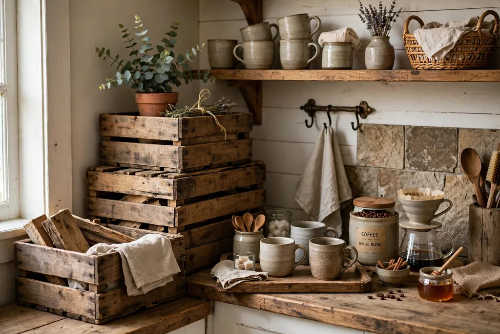 Rustic kitchen coffee corner with stacked wood crates, stoneware mugs, and a wood tray.