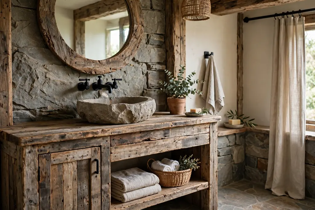 Rustic bathroom with a reclaimed wood vanity, stone basin, and matte black taps.