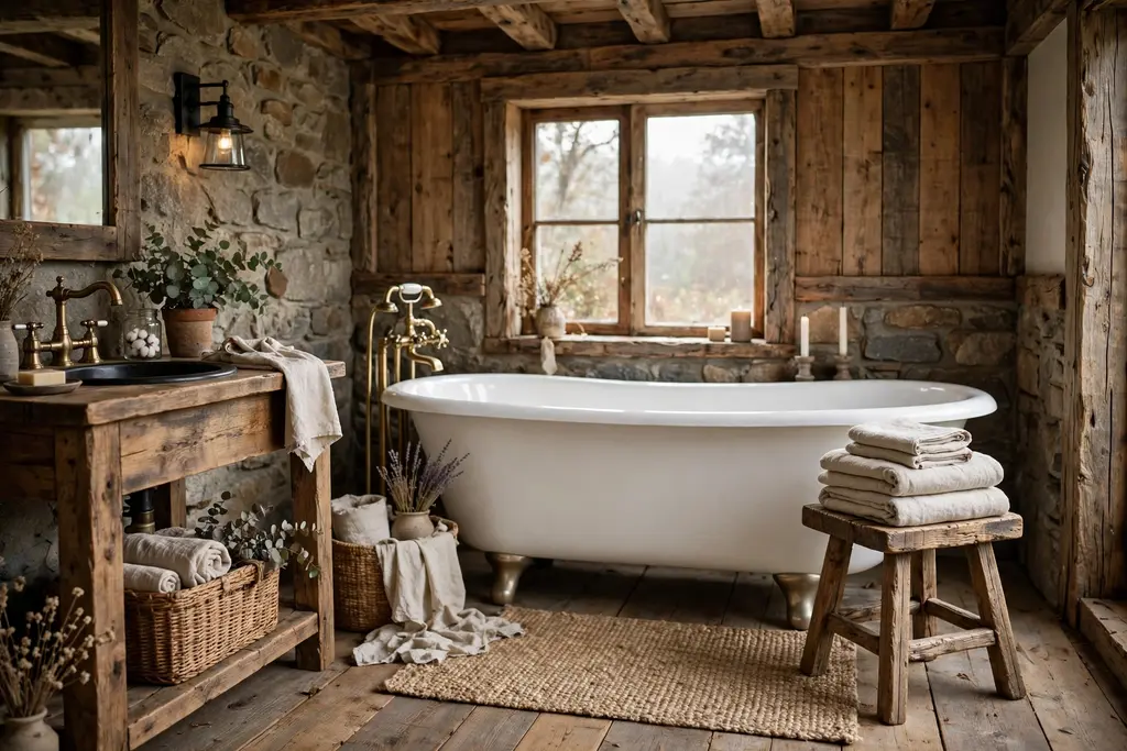 Rustic bathroom with a freestanding white tub, a wood stool, and folded linen towels.