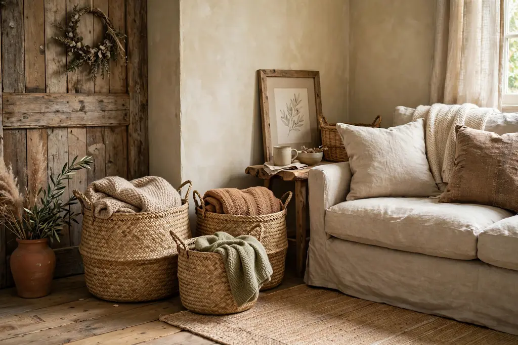 Rustic living room corner with woven seagrass baskets holding throws beside a linen sofa.