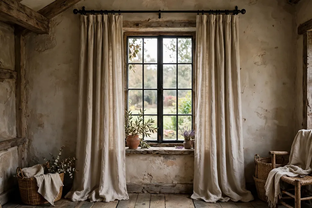 Rustic room window with floor length linen curtains on a dark iron rod.