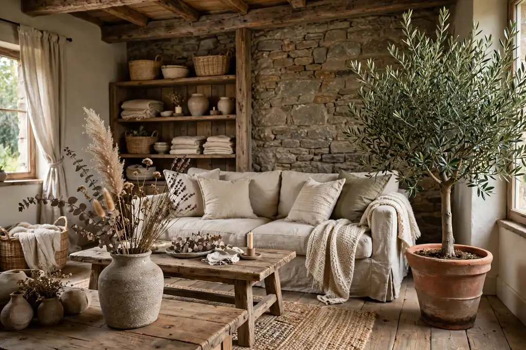 Rustic living room with a potted olive tree and dried stems in a stoneware vase.