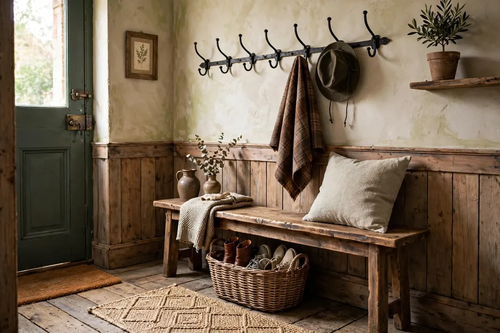 Rustic entry with a wood bench, iron wall hooks, and a woven basket for shoes.