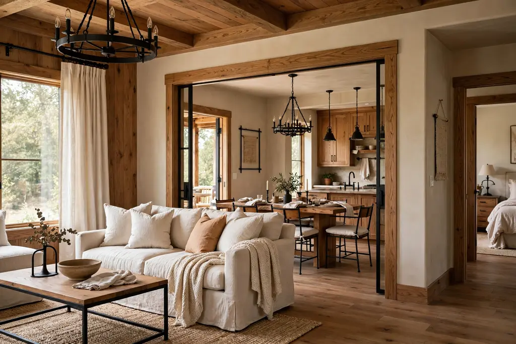 Rustic home interior in warm oak, warm white linen, and matte black iron through several rooms.