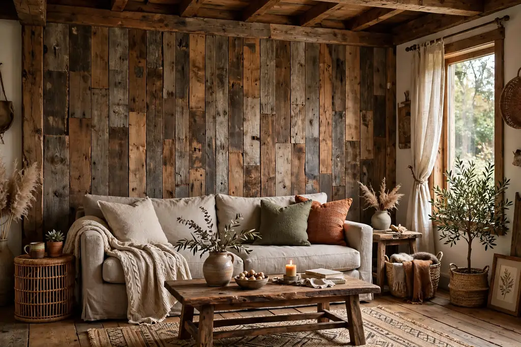 Rustic living room with a reclaimed wood plank accent wall behind a linen sofa.