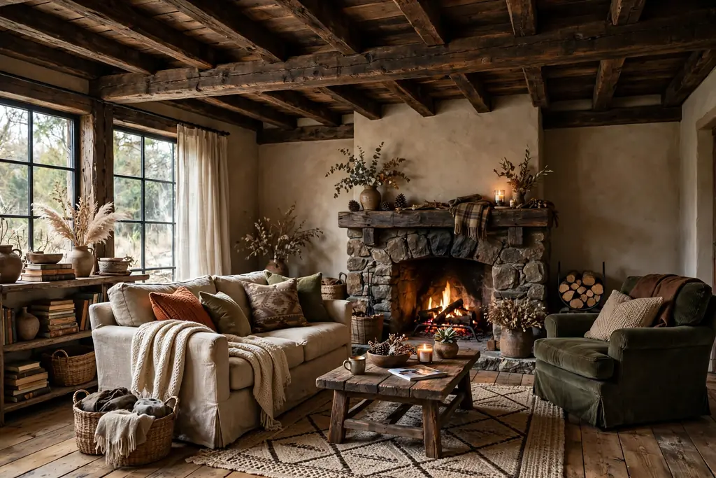 Rustic living room ceiling with dark exposed wooden beams over a cozy seating area.