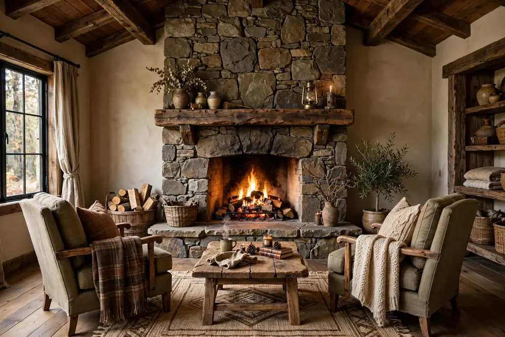 Rustic living room with a large natural stone fireplace, a wood mantel, and armchairs facing the fire.