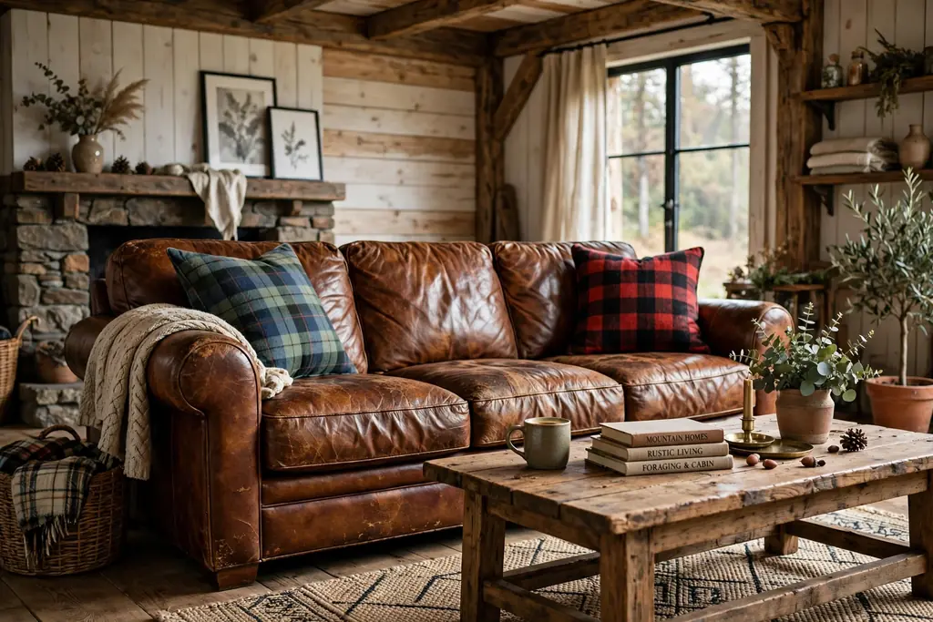 Rustic living room with a worn cognac brown leather sofa and plaid cushions.
