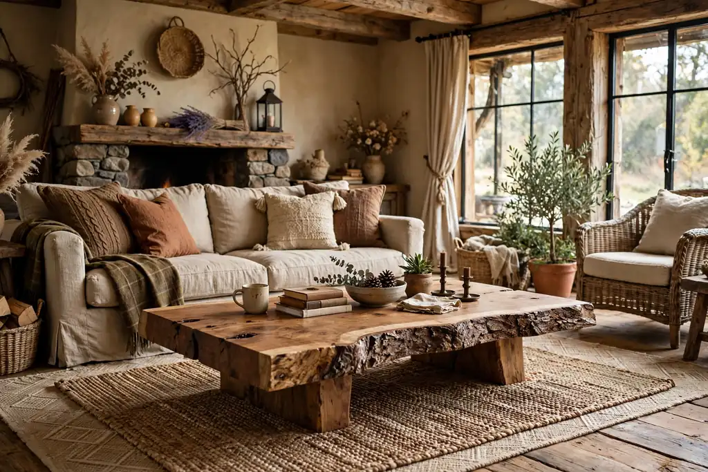 Rustic living room with a live edge wooden slab coffee table on a woven rug.