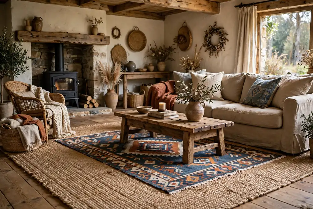 Rustic living room with layered natural fiber rugs, a jute base rug and a smaller patterned wool rug under a sofa.