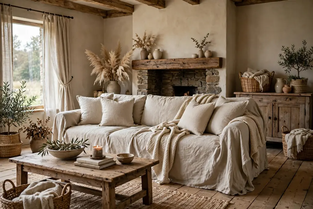 Rustic living room with a natural oatmeal linen slipcovered sofa and a wooden floor.