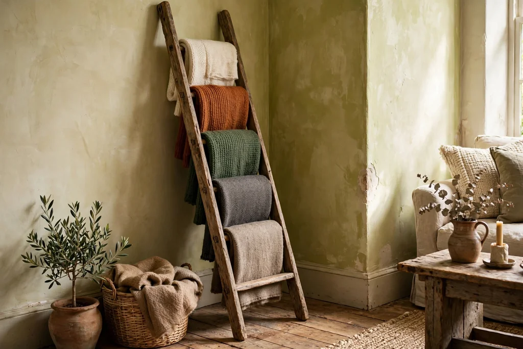 Rustic living room corner with a wooden blanket ladder holding folded wool throws.