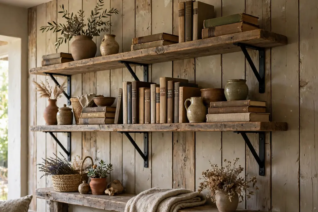 Rustic living room wall with open wood plank shelves on black iron brackets holding books and pottery.