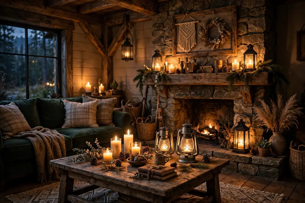 Rustic living room in the evening with lit lanterns and candles on a wooden coffee table.