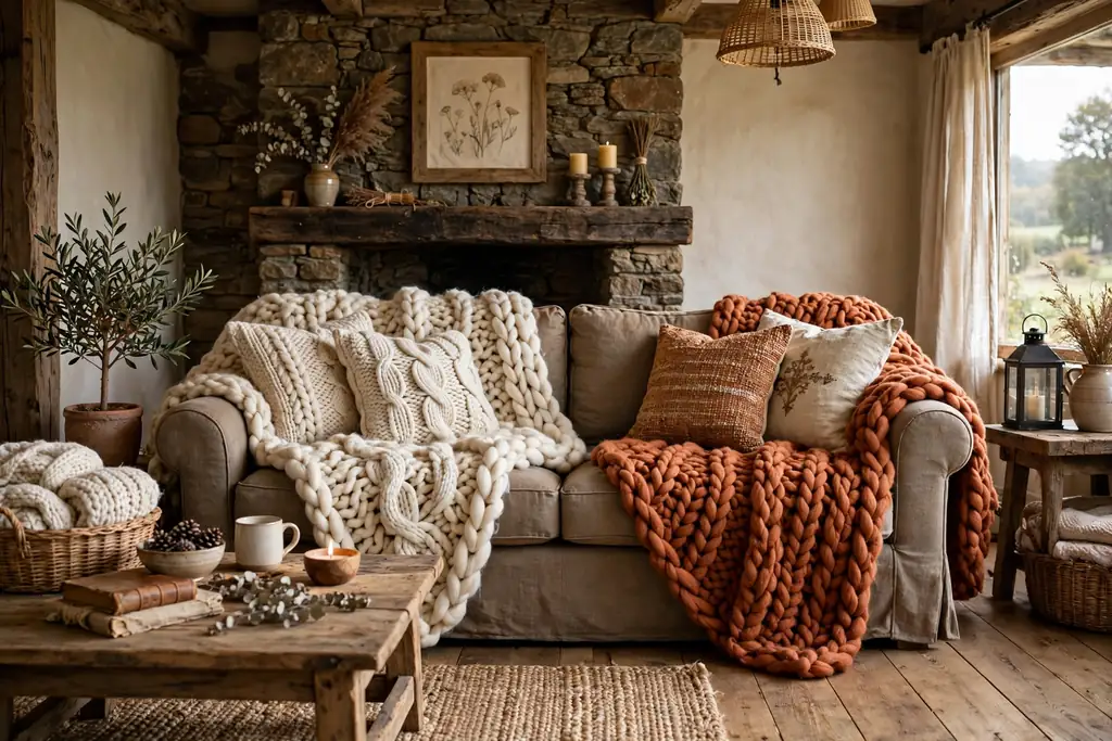 Rustic living room sofa draped with thick chunky knit wool throws in cream and rust.