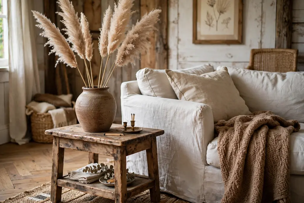 Rustic living room side table with a stoneware vase holding tall dried stems beside a sofa.