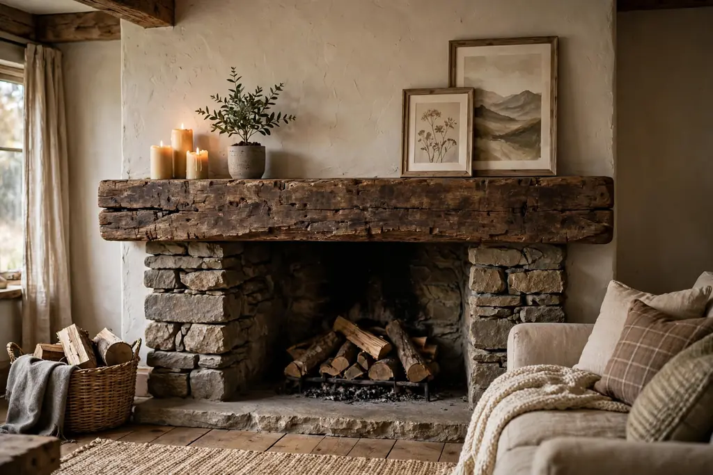 Rustic living room fireplace with a thick distressed wood mantel styled with candles and a small plant.