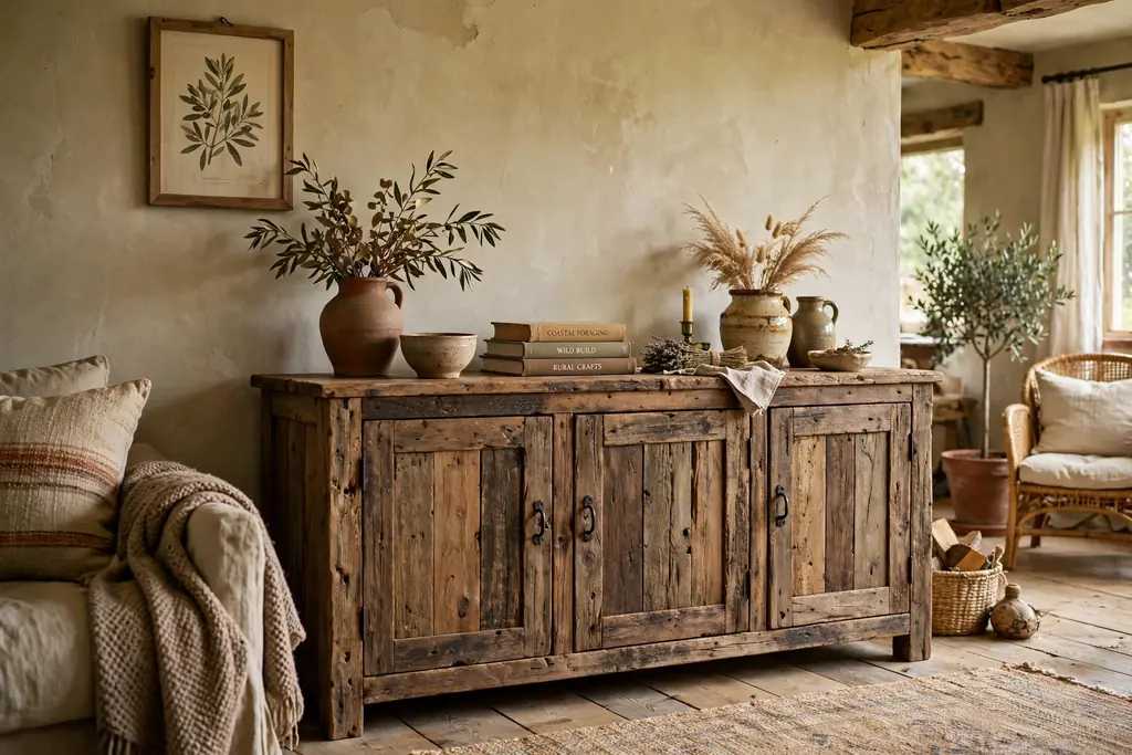 Rustic living room with a solid reclaimed wood sideboard, pottery and books on top.